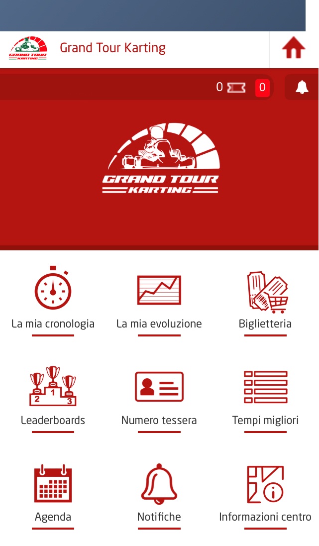 Schermata principale dell’app Grand Tour Karting