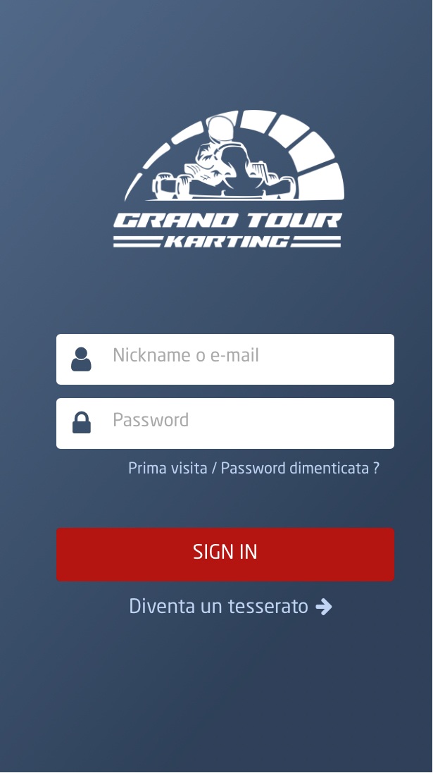 Schermata di accesso dell’app Grand Tour Karting